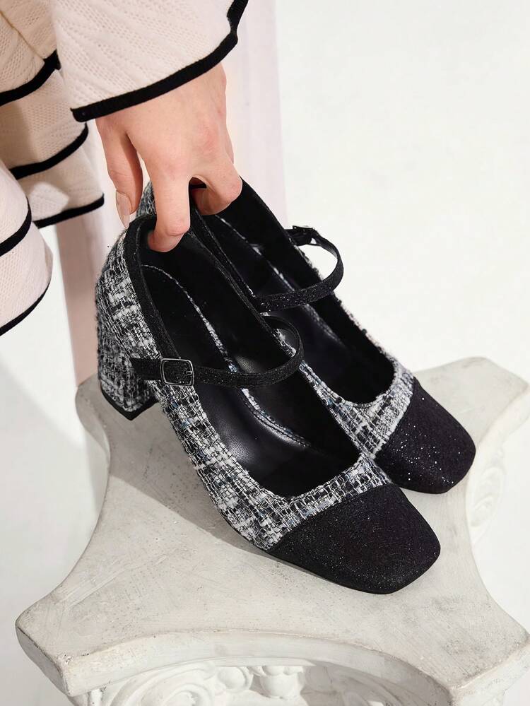 CUCCOO CHICEST Square Toe Strap Buckle Tweed 7cm High Heel Mary Jane Shoes, French Chic Elegant Spring Shoes Spring Break Easter Prom Heels