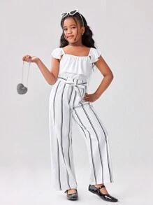 SHEIN Conjunto de 2 piezas para niñas y niñas pequeñas: Top con mangas abullonadas de efecto metálico brillante combinada con falda plisada en línea A, de tela cómoda y suave, adecuada para ocasiones casuales, salidas, fiestas, vacaciones y la escuela
