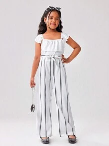SHEIN Conjunto de 2 piezas para niñas y niñas pequeñas: Top con mangas abullonadas de efecto metálico brillante combinada con falda plisada en línea A, de tela cómoda y suave, adecuada para ocasiones casuales, salidas, fiestas, vacaciones y la escuela