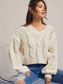 WESTFADE Spring Mixed Stitch Kabelstickad V-ringad Pullover Långärmad tröja - Aprikos - Visa 1