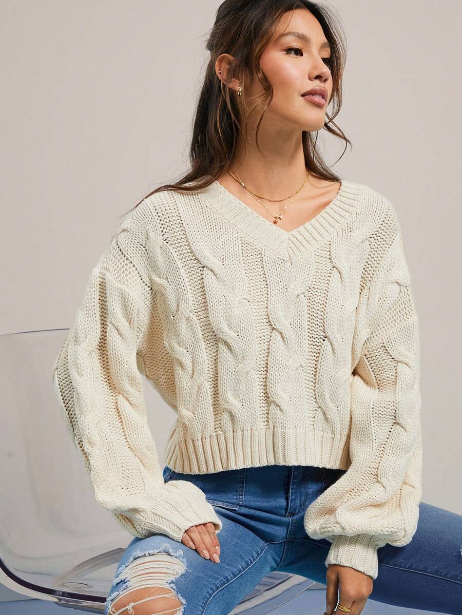 WESTFADE Spring Mixed Stitch Kabelstickad V-ringad Pullover Långärmad tröja - Aprikos - Visa 1