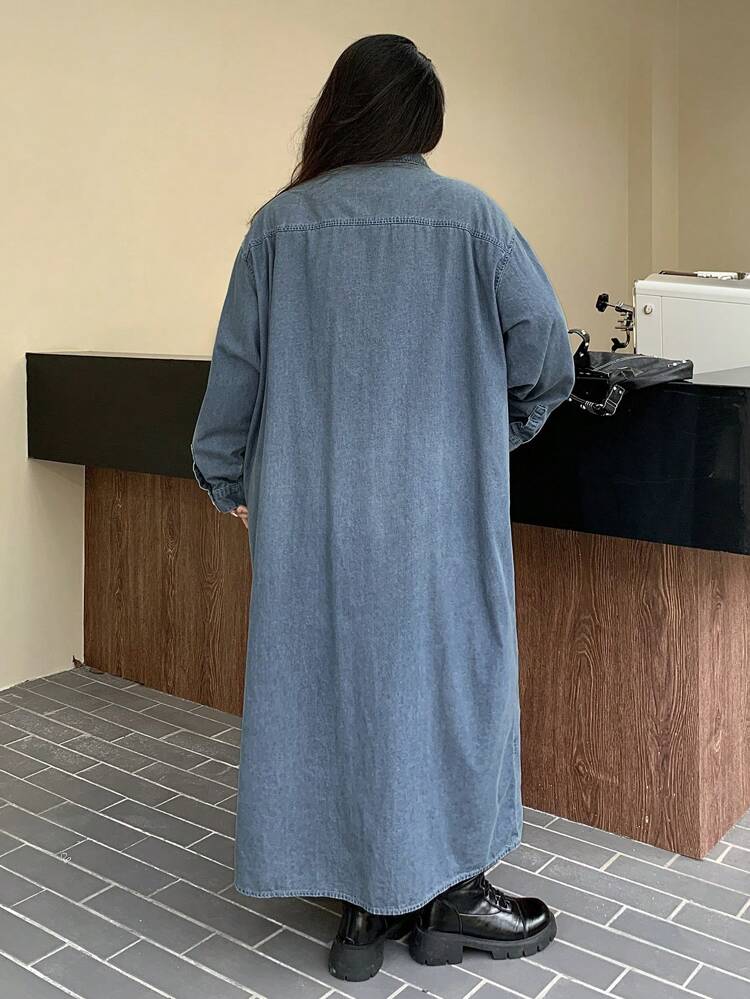 Dazy Plus Plus Size Solid Color Loose Turndown Collar Long Denim Dress, Spring & Autumn,Fall Women Clothes Maxi Dress