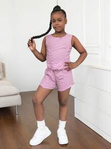 Conjunto de 2 piezas para niñas preadolescentes: top de tirantes acanalado de cuello redondo con pliegues y shorts, adecuado para salir, ir a la escuela y vacaciones de primavera/verano