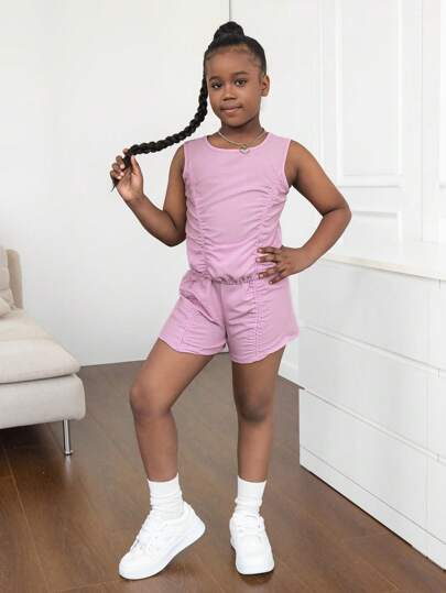 Tween Girls 2 Pieces Set: Textured Fabric Pleated Round Neck Cami Tank Top And Shorts, Suitable For Outing, School And Spring/Summer Vacation