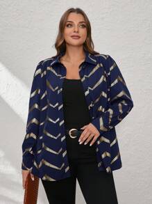 SHEIN Clasi Plus Size Long Sleeve Rhombus Print Buttoned Shirt, Elegant Business & Commuting Wear For Summer - Navy Blue - View 5