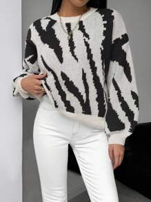 Chiquease Zebramuster lose gestrickter Rundhals Langarm Pullover für Damen, Herbst/Winter