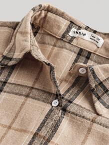 SHEIN Girlism 少女买 1 送 2 3 件/套：格子长袖衬衫、白色短款背心、罗纹针织喇叭裤休闲学院风 3 件套