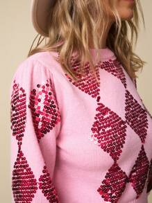 LanaWest Women's Fashion Multi Purpose Shiny Sequin Round Neck Puff Sleeve Long Sleeve Cropped Sweater, Autumn And Winter, Suitable For Parties, New Year Knit Pullover Fall