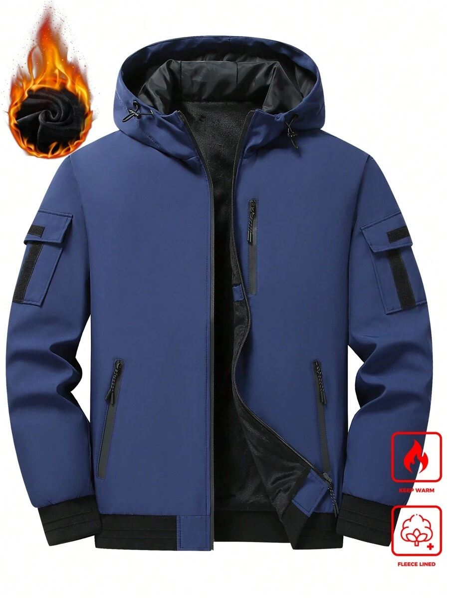 Manfinity Homme 男士休闲抽绳连帽保暖工装夹克，秋冬季，外出连帽爸爸和我长袖拼色夹克，送给朋友、丈夫、男朋友的礼物