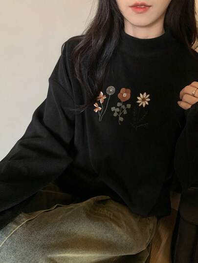 FRIFUL 女式花卉刺绣圆领落肩长袖休闲 T 恤，秋季，图案 T 恤高领女式