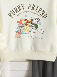 2 件套女婴动物与字母印花长袖上衣运动衫和纯色口袋装饰慢跑裤套装，休闲舒适户外装，春秋季 - 彩色 - 查看 5