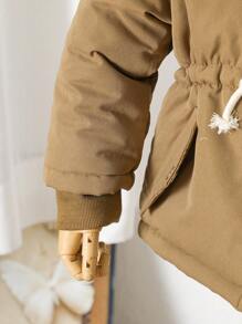 年轻女孩棉袄大衣，带仿口袋、毛领、保暖内衬、可调节腰部抽绳，冬季保暖 - 軍綠色 - 查看 5