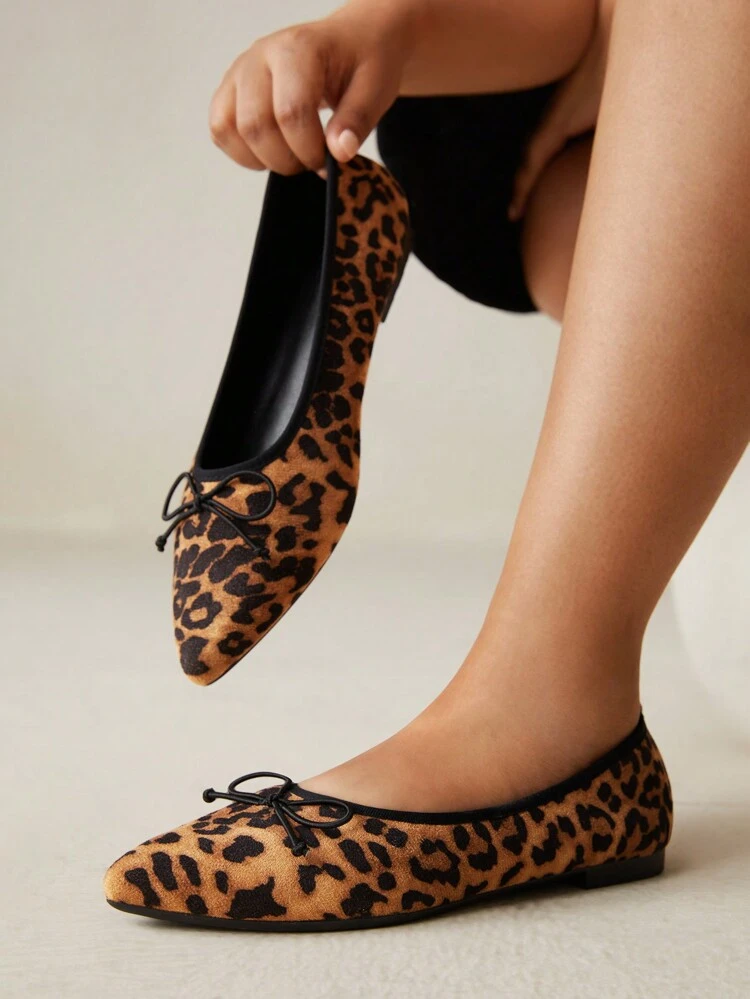 CUCCOO CURVES Plus Size Wide Fit Leopard Print Bow Loafer Flats, Casual Slip-On Shoes For Daily Wear, All Seasons