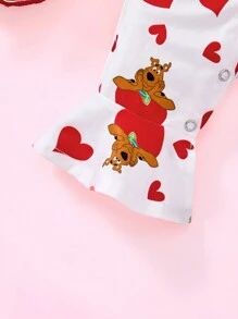 SCOOBY-DOO X SHEIN 女婴可爱小狗心形印花色块蝴蝶结装饰针织喇叭连体裤套装圣诞节 - 紅白色 - 查看 6