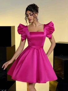 SHEIN Belle Elegant And Gorgeous Rose Red Square Neck Puff Sleeves Dress Suitable For Evening Bachelor Party Birthday Date, Back To School Prom Dress, Wedding Guest Dress