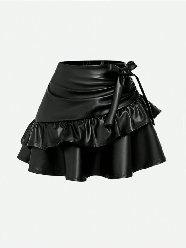 SHEIN Girlism Falda mini versátil de talle medio con bajo con volantes, cómoda y minimalista para niñas preadolescentes