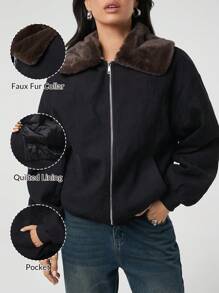 SHEIN EZwear Áo khoác thường ngày dài tay cổ lông màu đen tương phản cho nữ, mùa thu/đông - màu đen - Xem 1