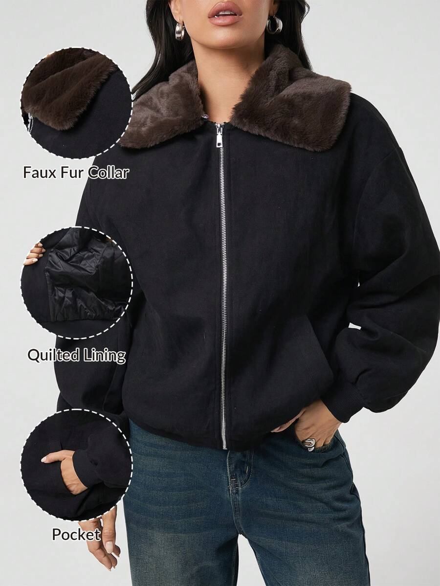 SHEIN EZwear Áo khoác thường ngày dài tay cổ lông màu đen tương phản cho nữ, mùa thu/đông - màu đen - Xem 1