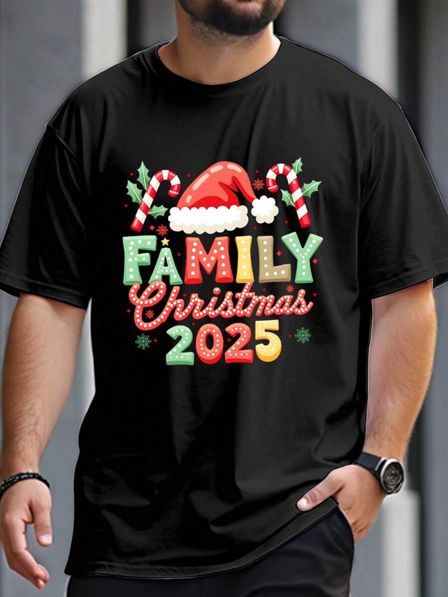 Manfinity Hypemode 2025 New Year Black Casual Plus Size Christmas T-Shirt For Men