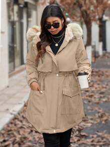 Calvaya Manteau rembourré à zip avec capuche en peluche et empiècement, pour vêtements d'hiver, grande taille