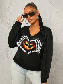 SHEIN SXY Nightclub Halloween Hand Pumpkin Face Print V-Neck Long Sleeve Sweatshirt In Fall/Winter - Black - View 1