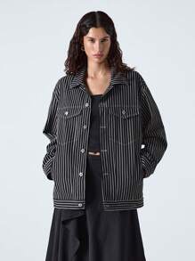LYSMO Chaqueta larga suelta con botones delanteros, bolsillos y mangas largas a rayas para mujer