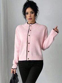 Chiquease Áo khoác Cardigan nữ có viền màu tương phản và nút vàng, thiết kế giản dị thanh lịch, tay dài - Hồng - Xem 1