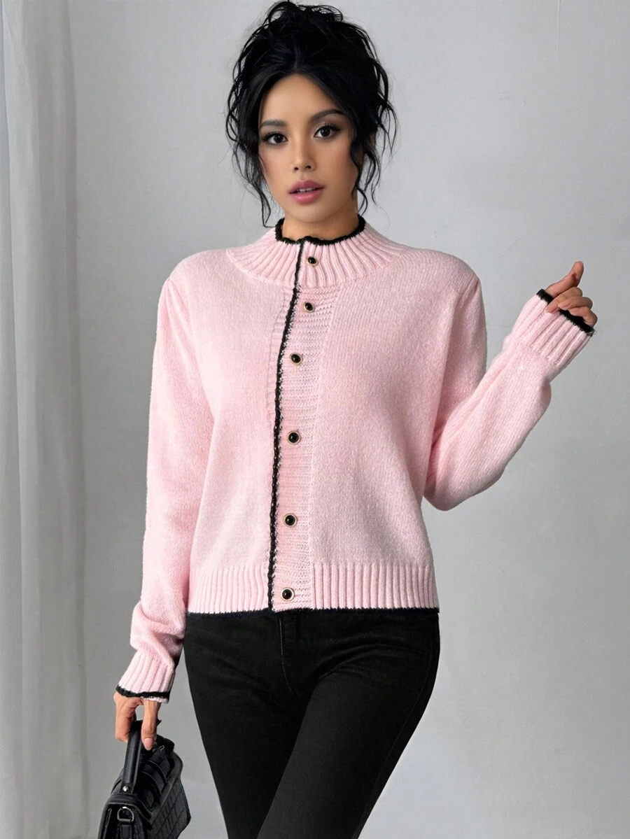 Chiquease Áo khoác Cardigan nữ có viền màu tương phản và nút vàng, thiết kế giản dị thanh lịch, tay dài - Hồng - Xem 1