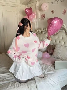 Flirla Plus Size Women Heart Pattern 3D Jacquard Lantern Sleeve Sweater, Round Neck Casual Drop Shoulder Long Sleeve Pullover, Suitable For Valentine's Day Holiday, Indoor/Outdoor Wear, Featuring Heart Knit Pullover Fall Winter Outfit