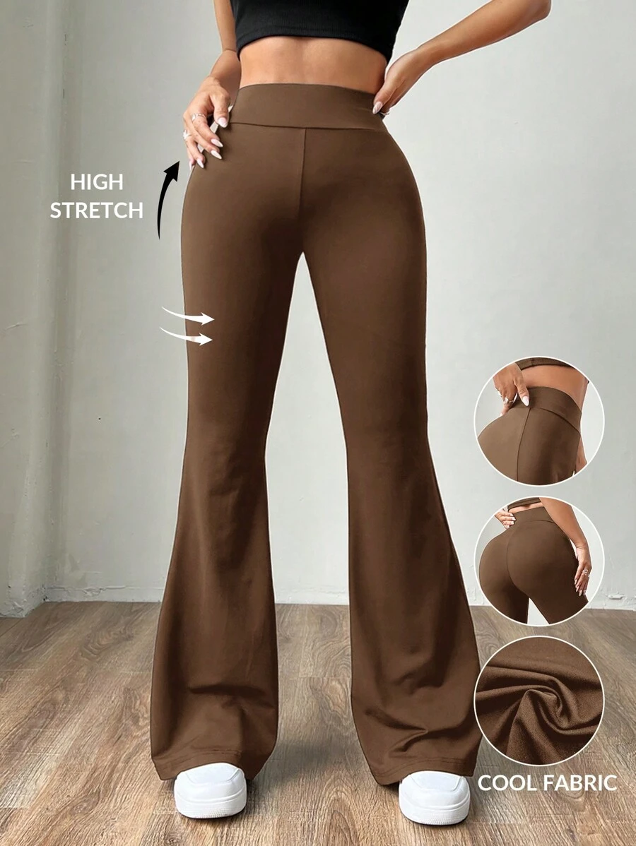 SHEIN EZwear Pantalones acampanados de corte ajustado de mujer de punto color marrón - Marrón - Ver 1