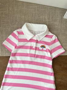 SHEIN LMoss Kids 女婴可爱夏季针织条纹彩虹印花翻领背心裙