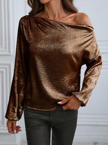 SHEIN Clasi Autumn Fashionable Glossy Asymmetric Collar Blouse For New Year Holiday Party Clothes One Shoulder Top - Gold - View 5