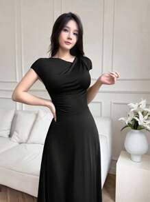 Modelyn Women Long Sleeveless Slim Fit Solid Color Dress - Black - View 5