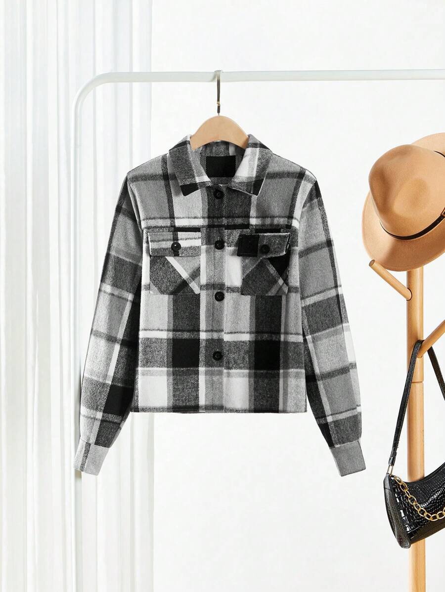 Veste casual à carreaux pour femme, automne - Noir - Voir 1