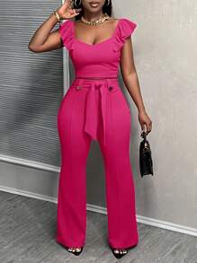 Slaydiva Elegant Sexy Commuter Red Solid Sleeveless Ruffle Trim Camisole Tank Top And Skinny Self-Tie Waist Straight Leg Pants Set - Z