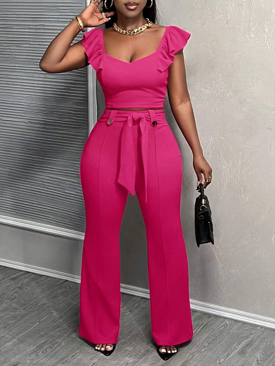 Slaydiva Elegant Sexy Commuter Red Solid Sleeveless Ruffle Trim Camisole Tank Top And Skinny Self-Tie Waist Straight Leg Pants Set - Z