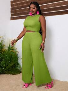 Slaydiva Plus Size Elegant Basic - Elastic Knitted Textured Fitted Green Tank Top & Pants Set - Olive Green - View 3