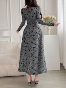 Modelyn 女士花卉提花镂空圆领长袖连衣裙长款晚礼服 - 藍色 - 查看 5