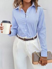 SHEIN Tall Tall Women's Elegant Blue And White Striped Shirt - Multicolor - View 4