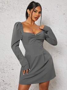 SHEIN SXY Women's Solid Color Sweetheart Neck Ruffle Long Sleeve Ruched Fashionable Mini Dress