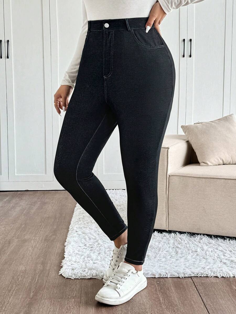 SHEIN Frenchy Plus Size Women's Black Pocketed Skinny Casual Pants, Versatile