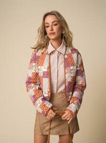 LanaWest Chaqueta larga con mangas acolchadas, estampado de patchwork y bloques de color para mujer - Multicolor - Ver 3