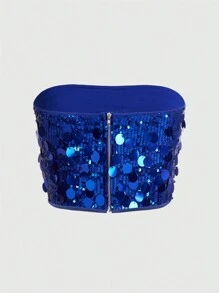 SHEIN ICON Áo crop top Y2K sequin, trang phục dự tiệc gợi cảm - Màu xanh lam - Xem 2