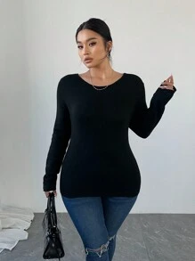 SHEIN Unity Suéter de punto con encaje en contraste talla grande, minimalista y elegante suéter de punto para otoño e invierno - Negro - Ver 4