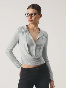 SHEIN Unity 女士浅灰色长袖纽扣休闲通勤百搭 T 恤 - 彩色 - 查看 4