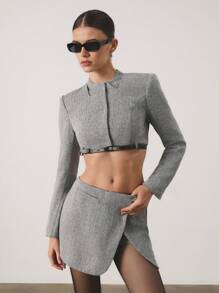 SHEIN Unity 女式人字纹长袖短款上衣和侧开衩下摆中长裙两件套服装，时尚 - 灰色 - 查看 1