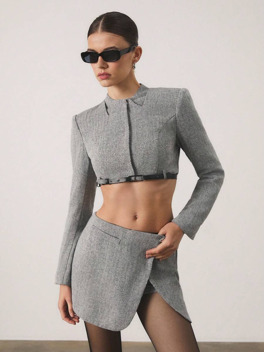 SHEIN Unity 女式人字纹长袖短款上衣和侧开衩下摆中长裙两件套服装，时尚 - 灰色 - 查看 1