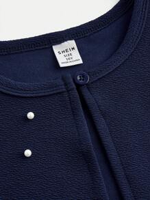 SHEIN Dziewczęca dzianina teksturowana, ładny bufiasty rękaw, elegancki krótki kołnierzyk ze stójką, perłowa dekoracja, kurtka płaszcz