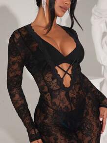 SHEIN SXY Mono de mujer de unicolor, de manga larga, transparente con aplicaciones de encaje y ajustado