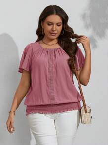 SHEIN LUNE Plus Size Women Ruffled Hem Elastic Crew Neck Short Sleeve Blouse Olive Green Top Army Green Top Sage Green Top Green Top Women - Dusty Pink - View 3